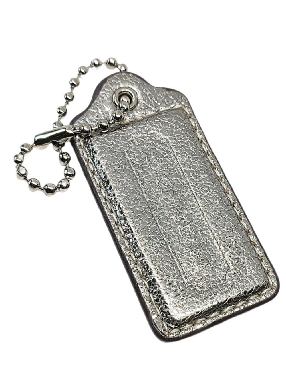 🩶 2.5" Coach Metallic Platinum Foil Silver Leather Hangtag Bag Fob Keychain